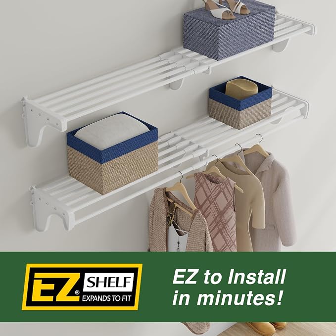 EZ Shelf-Expandable-Closet Shelf (NO Hanging Rod)- 42.5” to 75” -White-Easy Install to Backwall(Floating)-Wire Closet Shelving Alternative-(EZS-SW72-1-2)