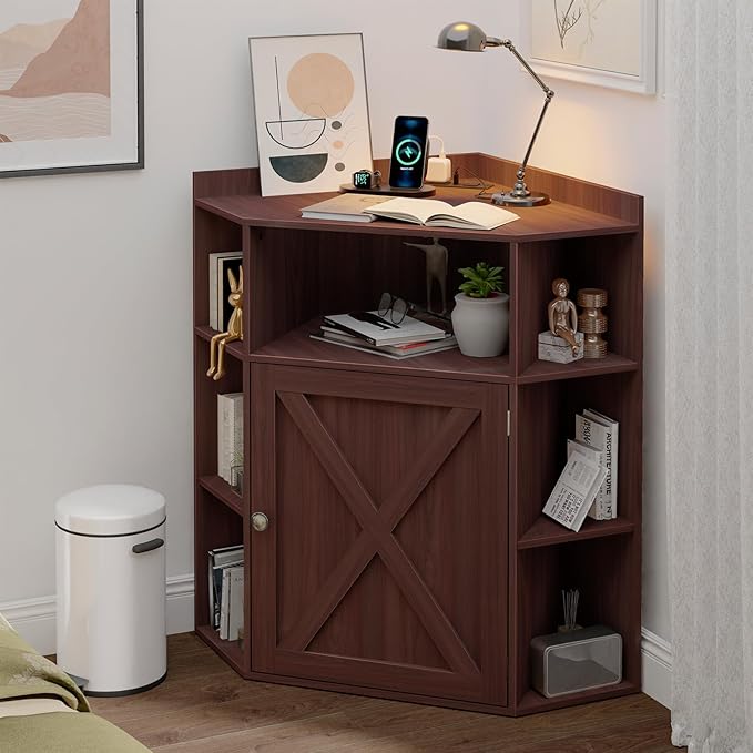 Corner Cabinet, Corner Storage Shelf with USB Ports and Outlets Industrial Organizer for Small Space Wooden 6-Cubby Bookshelf for Study, Playroom, Living Room (Dark Brown)
