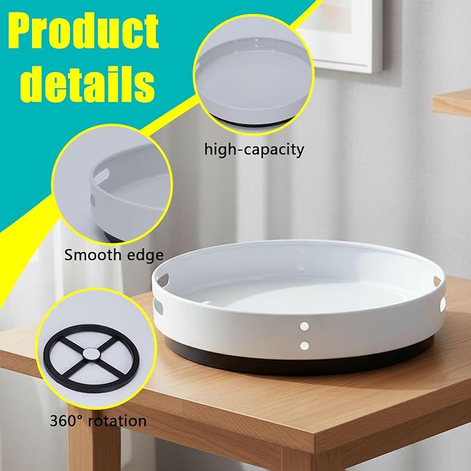 Medicine Cabinet Organizer, Lazy Susan Turntable for Pill Bottles and Vitamin Storage, White Plastic Rotating Tray with Side Grip Openings for Bathroom, Pantry, Vanity