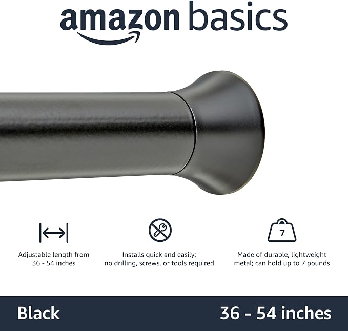 Amazon Basics Adjustable Sturdy Spring Tension Curtain Rod, No Drilling/No Holes, 36-54", Black, Classic Finial