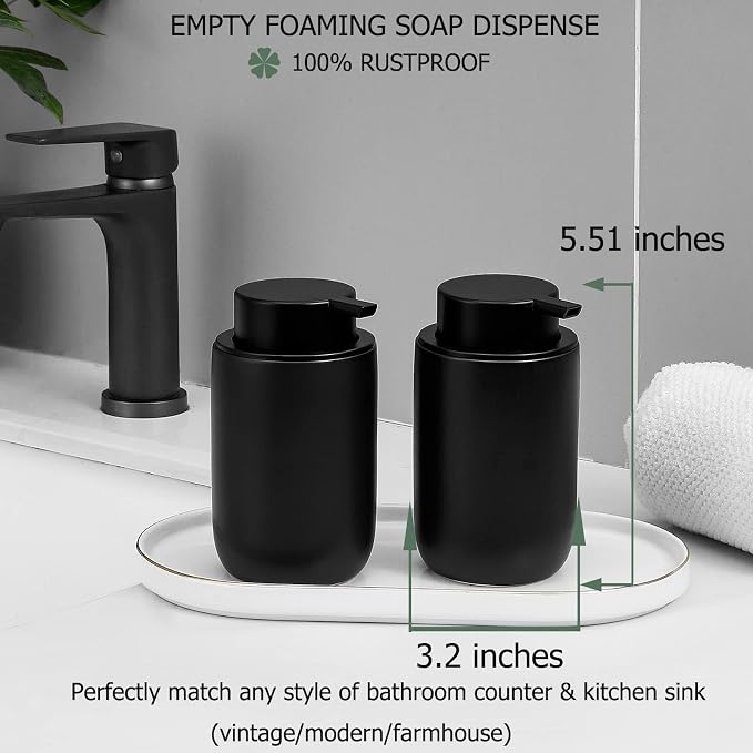 Foaming Soap Dispenser Thick Ceramic Foam Hand Soap Dispenser for Bathroom or Kitchen Sink, Liquid Pump Bottles for Hand soap, Body Wash, 2 Pack Black