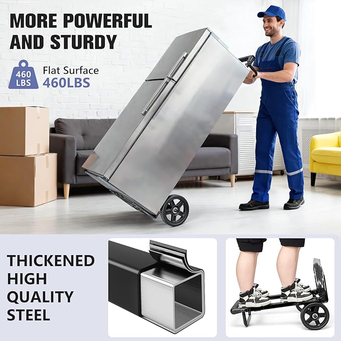 KEDSUM Folding Hand Truck Dolly, 460lbs Capacity Dolly Cart with Wheels for Warehouses, Homes, and Offices, 7" Solid Rubber Wheels & Height 49.2 inch, Telescoping Handle