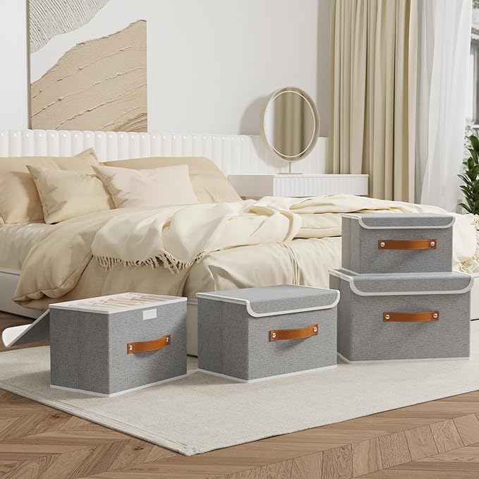 OUTBROS Large Fabric Storage Box with Lid, Collapsible Wardrobe Organiser, Linen Cubes For Towels, Clothes, 13 x 9.1 x 7.9 inch (Grey, 3-Pack)