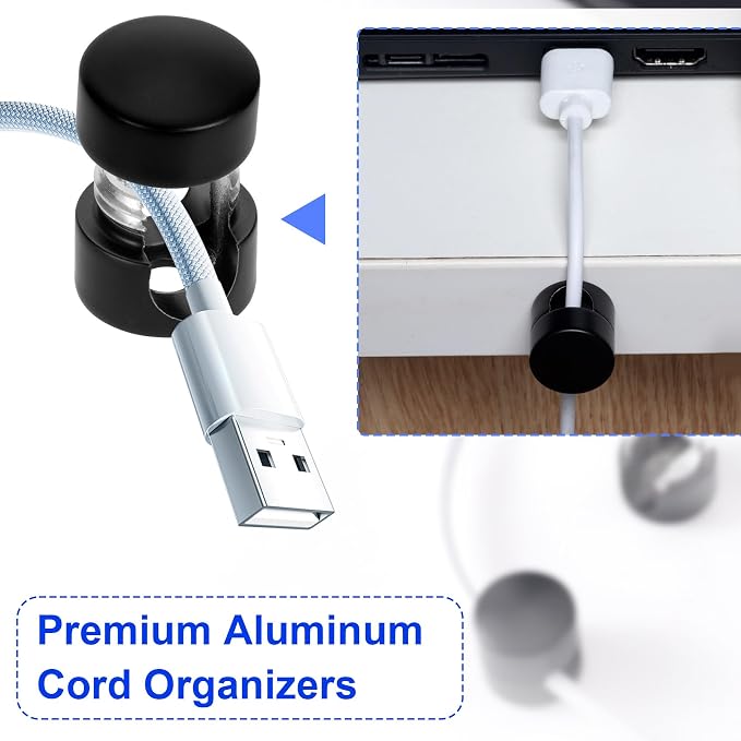 SmallCat 3 Sets Charger Holders for Cords, Matte Black Color Adjustable Cable Anchor Holders, Adhesive Metal Cord Clips, Cable Management Wire Organizers for Desk, Office, Nightstand