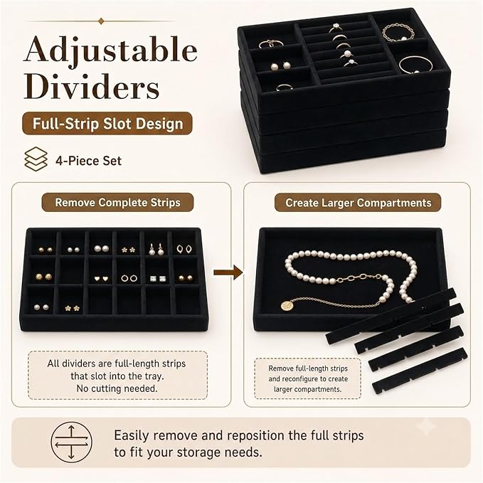 4 Pack Stackable Jewelry Organizer Tray Set - Velvet Display Case | for Rings Earrings Necklaces, for Drawer Organization, Can Stacked