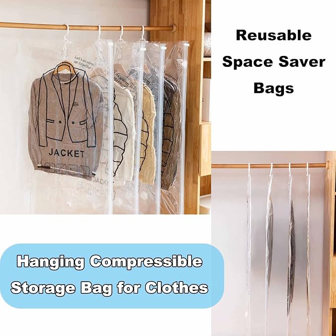 FETNHU Hanging Compressible Storage Bag, Hanging Vacuum Storage Bags with Pump, Reusable Space Saver Vacuum Storage Bags for Home Closet Organization Compression Seal (3PCS,M 67 x 90cm)