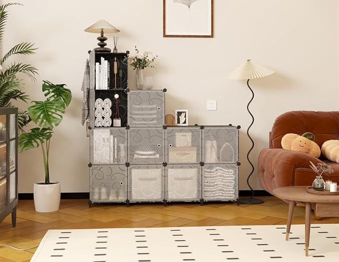AWTATOS 12 Cube Storage Organizer, Closet Storage Shelves with Doors, Black | Portable Closet Organizers, DIY Stackable Storage Cube Shelf, Plastic Clothes Organizer Shelving for Bedroom, Home Office