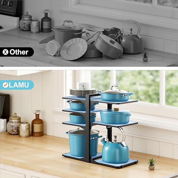 LAMU Pots and Pans Organizer Under Cabinet with 8 Adjustable Non-Slip Dividers,Pan Organizers Inside Cabinet,Iron Frame with Plastic Shelves,15-Inch Height for Small Kitchen Storage,Black