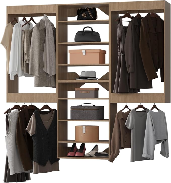 ROOMTEC Modular Closet System, 60" Wall-Mounted Closet Organizer with Hanging Rods and Shelves, Wooden Tower for Walk-In Closets, Wardrobe Storage Kit, Wood
