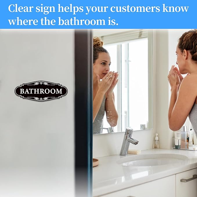 Bathroom Sign Sticker for Business and Home,Self-adhesive Restroom Sign | Cute Bathroom Decor for Door,Waterproof Vinyl Restroom Sign for Home,Office,Shop（Black）