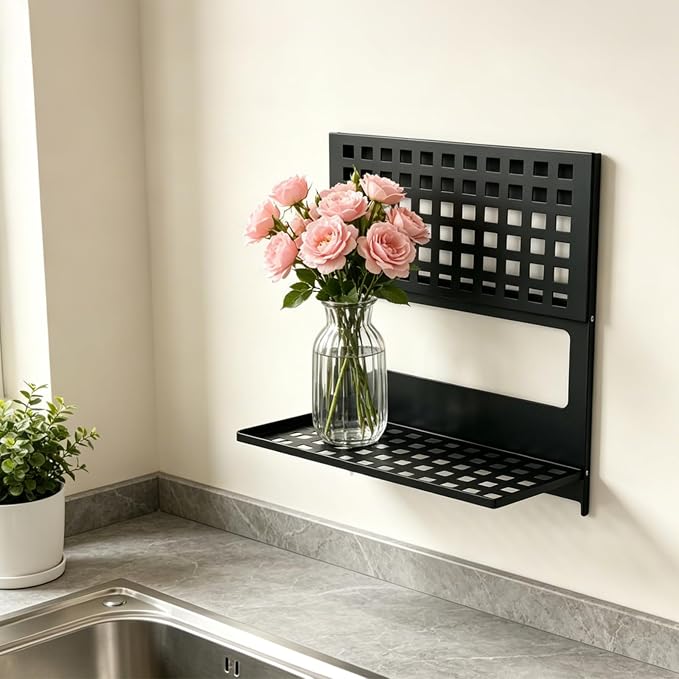 2-Tier Folding Wall Shelf, Small Metal Floating Shelves, Stackable Combined Foldable Storage Rack, Rustproof Hanging Shelf for Bathroom, Laundry Room, Kitchen, RV and Home Wall Decor
