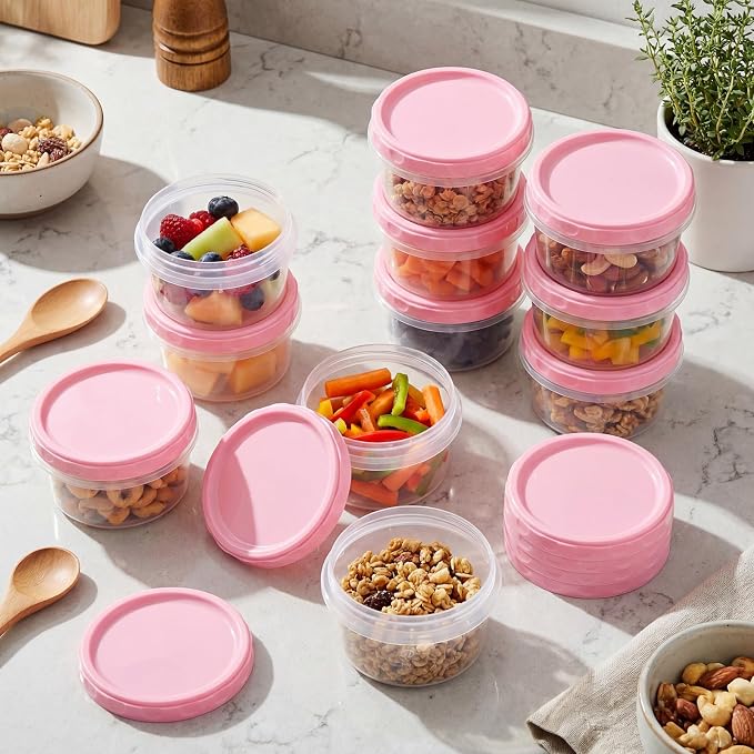 Sieral 16 Pack 8 oz Freezer Containers with Lids Reusable Deli Freezer Storage Containers Stackable Plastic Thick Twist Top Jars for Takeout Food Round Wide Mouth Lunch Snack (Pink)
