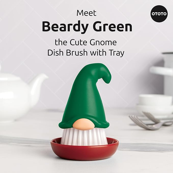 New! Beardy Gnome Dish Brush by Ototo - Gnomes, Quirky Gifts, Cute Kitchen Accessories, Funny Kitchen Gadgets, Vegetable Brush, Cute and Useful Gifts for Women (Green)