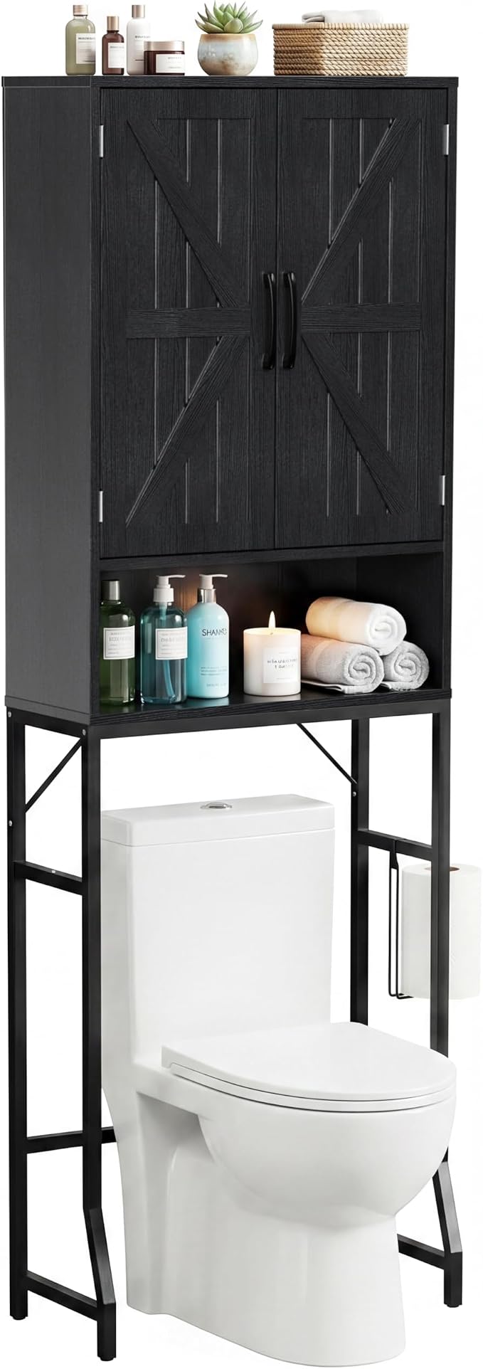 23.6" Over The Toilet Storage Cabinet with Barn Door,Bathroom Organizers and Storage with Adjustable Shelves, Farmhouse Over Toilet Organizer for Bathroom,Restroom,Laundry,Black