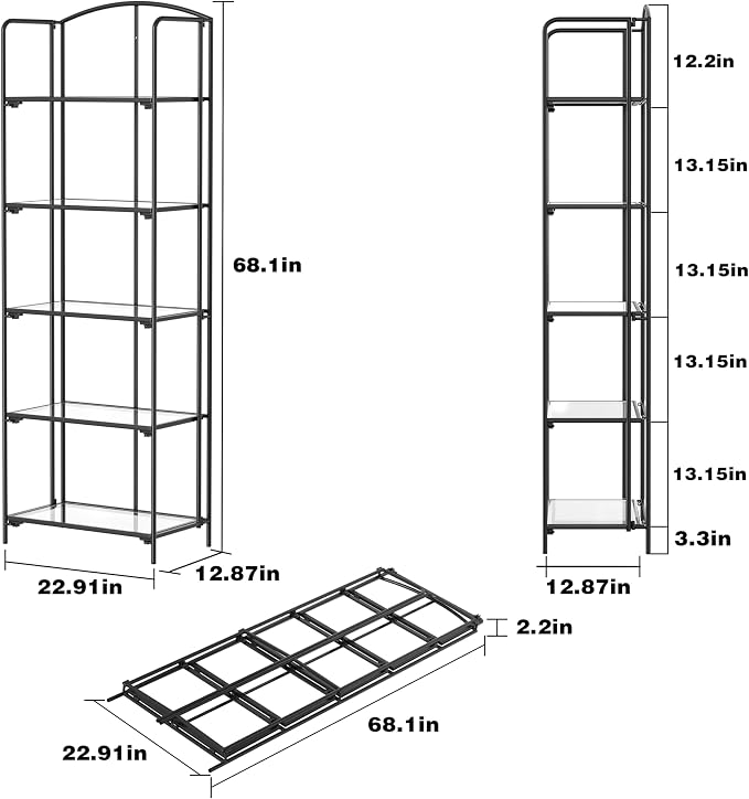 Crofy 5-Tier Foldable Bookshelf, Black Frame & Transparent Shelves | No-Assembly Collapsible Portable Storage Organizer; Sturdy Transparent Shelves; Ideal for Living Room & Home Office