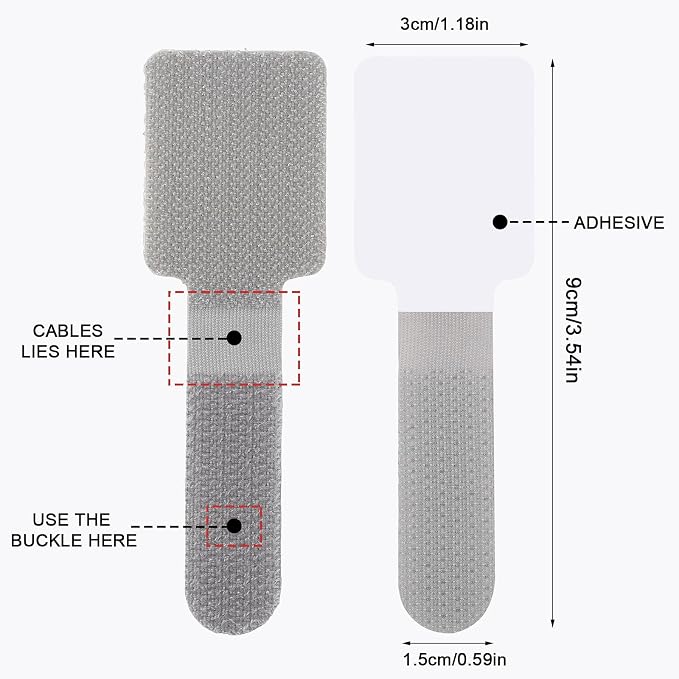 100 Pcs Hook and Loop Cable Ties, Self Adhesive Cable Management Under Desk Cable Straps, Adjustable Cord Organizer for Desk Home Office Organization (Grey)
