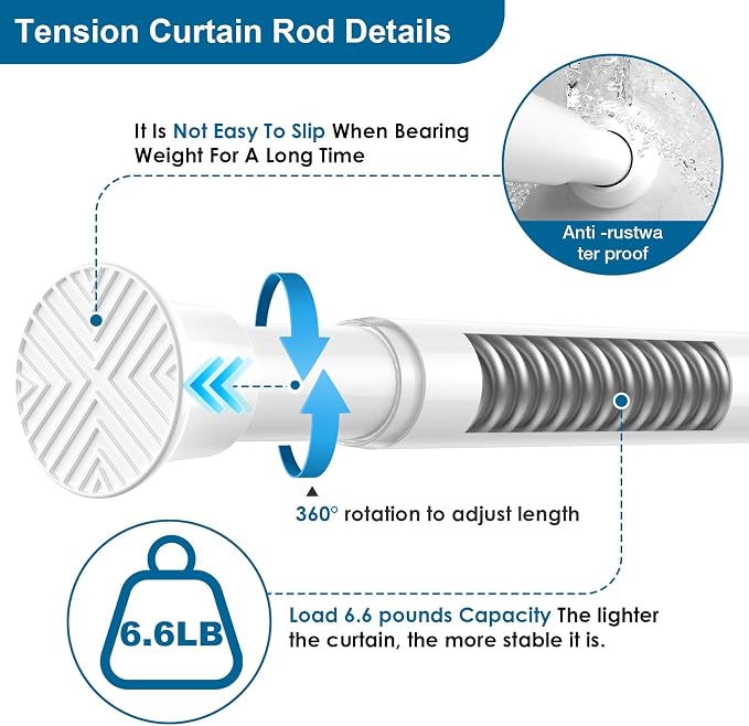 2 Pack White Tension Rod 31-76 Inch, No Drilling Spring Loaded Expandable Non Slip Curtain Rod, Adjustable Rod for Shower,Bathroom,Window,Kitchen,Doorway,Closet