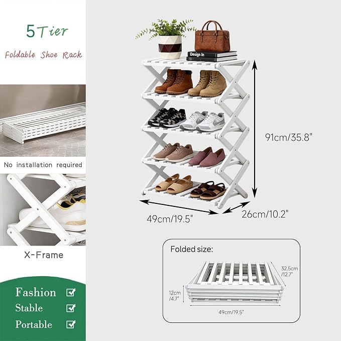 5 Tier Bamboo Shoe Rack White,Portable Folding Shoe Storage Rack,Without Installation Small Shoe Rack Perfect for Corridors, Drom, Bedrooms and Small Spaces