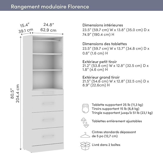 Bestar 25W x 16D Modular Closet Organizer System Tower, Reach-in Closet or Walk-in with Shelves and 4 Drawers, Slab Style, Florence Collection, White