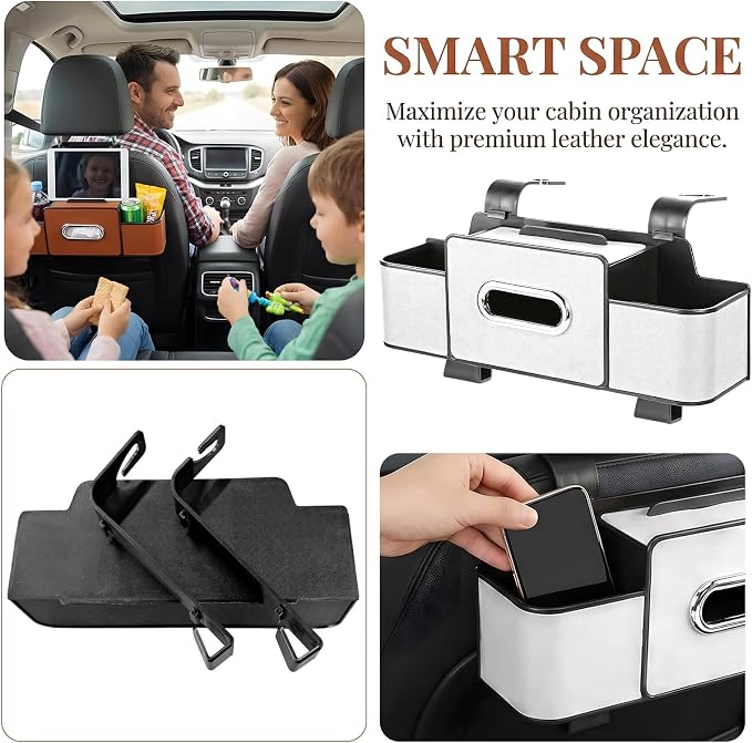 Car Back Seat Organizer, 3-in-1 Auto Seat Back Organizer with Tissue Box, Cup Holders & Hooks, Multifunctional Vehicle Backseat Hanging Organizers for Phones Drinks Handbags (Beige)
