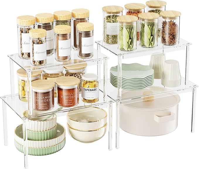 Delamu Clear Kitchen Cabinet Organizer, Set of 4 Acrylic Shelf Organizer for Cupboard Organizers and Storage, Stackable Cabinet Shelf for Plate, Dish, Bowl, Cup & Mug, 11.7" W x 7.7" D x 6.3" H