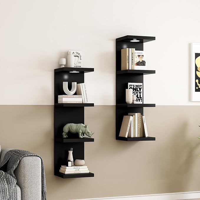 LitaEther Versatile 4 Tier Wall Shelf Unit,Black Lack Wall Shelf,Display Floating Shelf with LED Remote Control Light