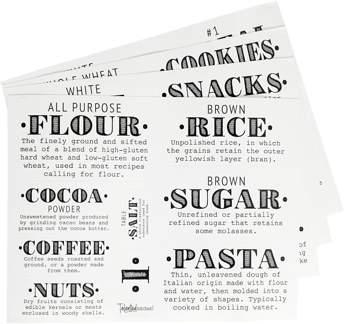 Talented Kitchen Preprinted Pantry Labels - Waterproof Kitchen Organization & Food Storage Labels - Flour, Sugar & Cornmeal Vinyl Sticker Set - 36 Pack, Medium, Clear Vinyl, Black Print