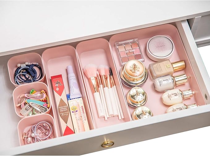 Backerysupply Set Of 12 Pink Color Plastic Desk Drawer Organizers For Makeup Bathroom Office Kitchen Vanity Drawer Storage Box Container
