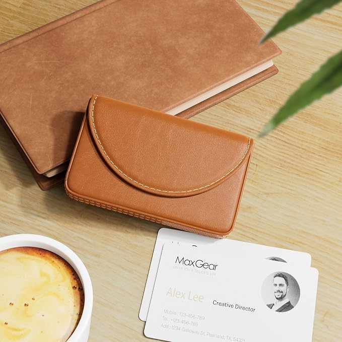 MaxGear Business Card Holder, PU Leather Business Card Case, Light Coffee | Pocket Name Card Holder Wallet for Purse, Portable Business Card Carrier with Magnetic Closure, Slim Stylish Men Women Gift