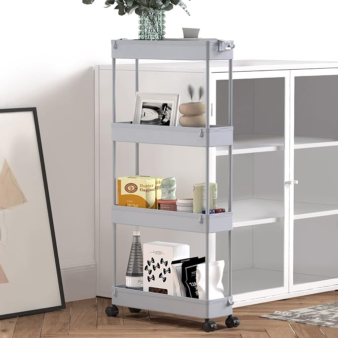 SPACELEAD Slim Storage Cart 4 Tier,Bathroom Organizer Rolling Utility,Mobile Shelving Unit Slide Out for Office, Kitchen, Laundry Room & Narrow Places,Gray