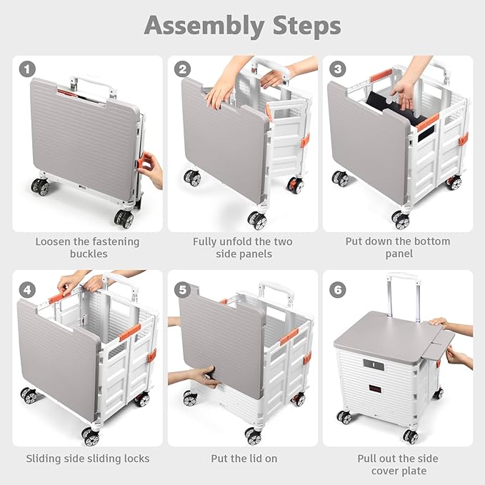Foldable Utility Cart Collapsible Portable Crate Rolling Carts with Wheels Tote Basket with Magnetic Lid Telescopic Cover Wear-Resistant 360°Rotate Wheel Noiseless for Shopping Storage Office Use