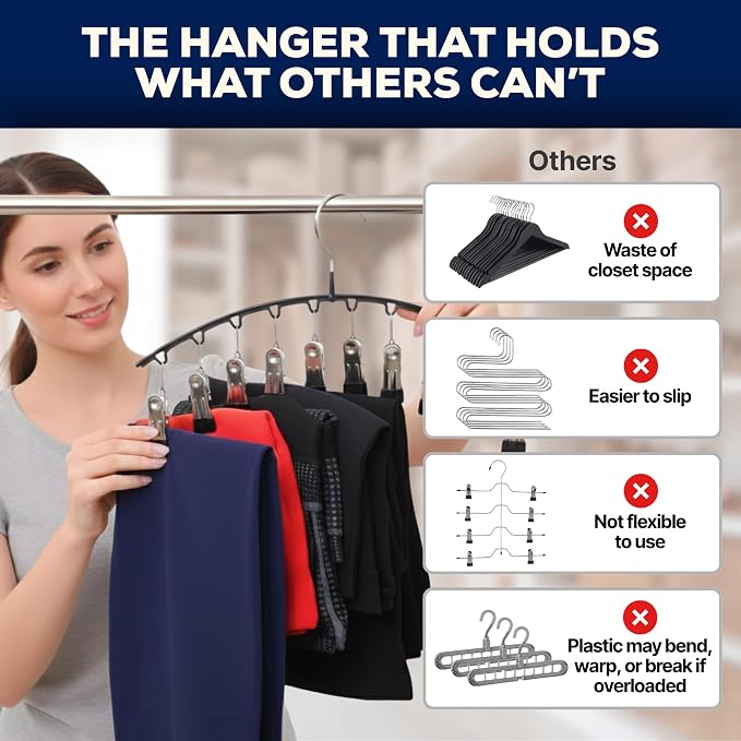 2-Pack Legging Hangers, Space-Saving Closet Organizer with 20 Stainless Steel Clips Total, Holds 20 Leggings, Yoga Pants, Skirts and Scarf | Anti-Slip Multi Clip Hangers