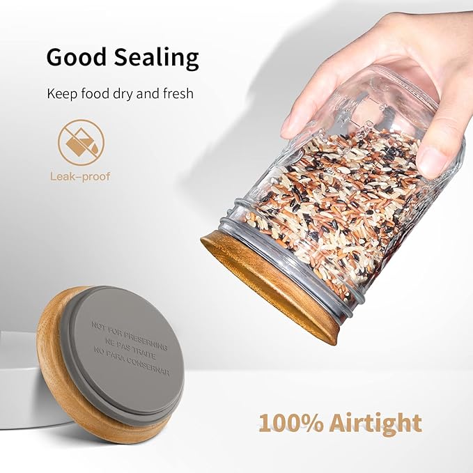 6-Pack Wide Mouth Wooden Mason Jar Lids for Ball/Mason Jars, Reusable Acacia Wood Mason Jar Lids with Airtight Silicone Seal Perfect for Dry Food Storage (Brown)
