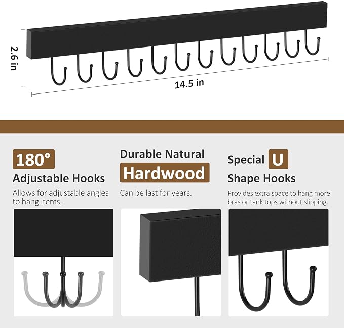 ZEDODIER 2 Pack Necklace Organizer Wall Mount, Wooden Self-Adhesive Jewelry Hanger with 24 Adjustable Hooks, Hanging Holder for Necklace, Belts, Tank Tops, Bras, Black