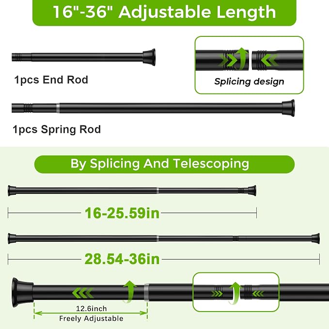 Black Small Shower Curtain Rod 16 to 36 Inches Adjustable, 3/4 Inch Diameter Heavy Duty Tension Curtain Rods No Drill, Rust-Resistant Tension Rod for Bathroom, 2 Pack