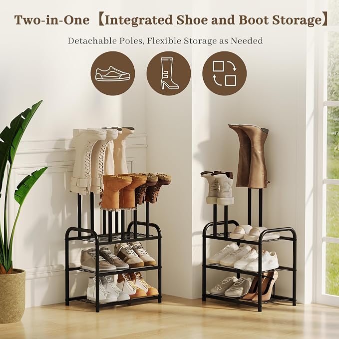 Kitsanery Shoe Rack - 3-Tier Metal Boot Rack Organizer for Entryway, Closet & Garage, Free Standing Shoe Shelf for Storage Tall Boots, Sneakers, Cowboy Boots, Black (Small - 4 Pairs)