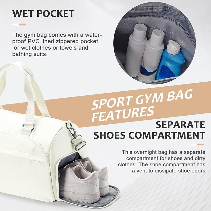 Gym Bag for Women Men with Shoe Compartment,Waterproof Sports Duffle Bag for Travel Weekender Overnight Carry on Bag Gym Tote Bags Workout Bag for Swimming Yoga Hospital Holdalls Beige