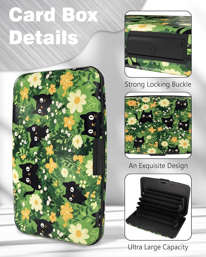 Maicican Credit Card Holder, Mini RFID Blocking Aluminum Wallet | Slim Metal Hard Case Travel Wallet ID Case for Women and Men, 4.3 x 2.9 Inches, Cats and Flowers