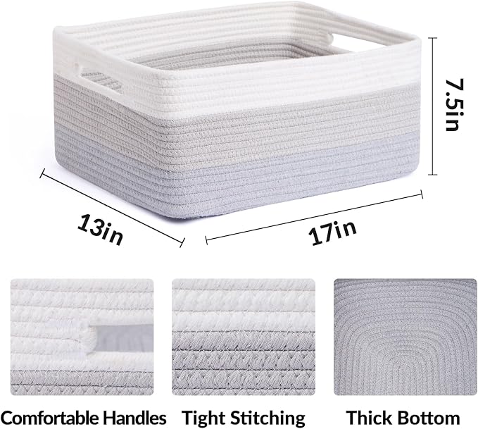MiniArk Large Storage Baskets for Organizing, 17 x 13 x 7.5” Closet Shelf Baskets for Clothes Blanket Towels, Baby Nursery, Toy Bins Box, Woven Rope Baskets, 4 Packs Gradient Grey