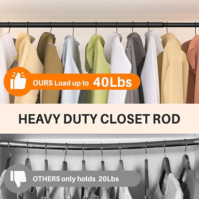SUTINE Closet Rod for Hanging Clothes, 17 to 37 Inch Adjustable Closet Hanging Rod, Heavy Duty Clothes Hanging Rod Bar Black Metal Closet Poles with Threads for Wardrobes, Closet, Bathroom, Windows