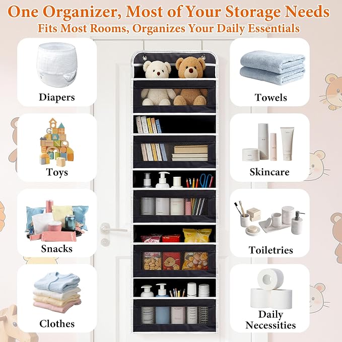 SWIND Over the Door Organizer 5-Tier, Heavy Duty Behind Door Storage, Anti-Tilt Capacity, Door Hanging Organizer with Clear Window for Closet, Bathroom, Nursery, Bedroom, Pantry, Shoe Diaper (Black)