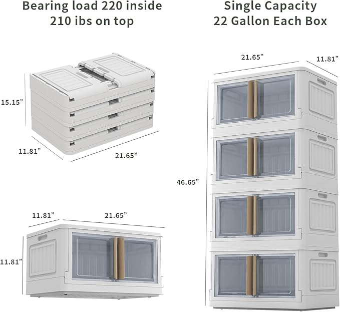 Collapsible Storage Bins with Lids, Wooden Handles 92Qt Large 4 Packs Stackable Storage Bin with Individual Lids, Foldable Storage Cabinet for Home, Office, Dorms