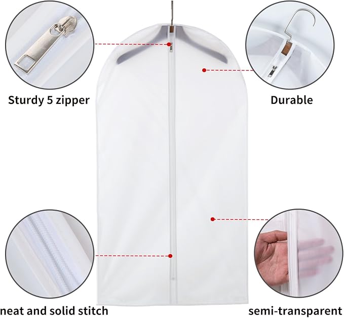 MsKitchen 6 Pack Long Garment Bags (24x60") - Dustproof Gown Covers - Durable PEVA Hanging Bags with Sturdy Zipper for Maxi Dresses, Long Coats & Dance Costumes (Translucent)