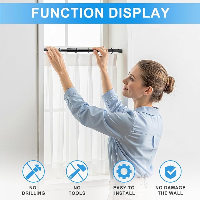 2 Pack Spring Loaded Tension Rod 27-38" Adjustable Curtain Rods No Drill Extendable Spring Rod Tension Curtain Rods For Window Kitchen Shelves Rv Refrigerator And Small Spaces,Black