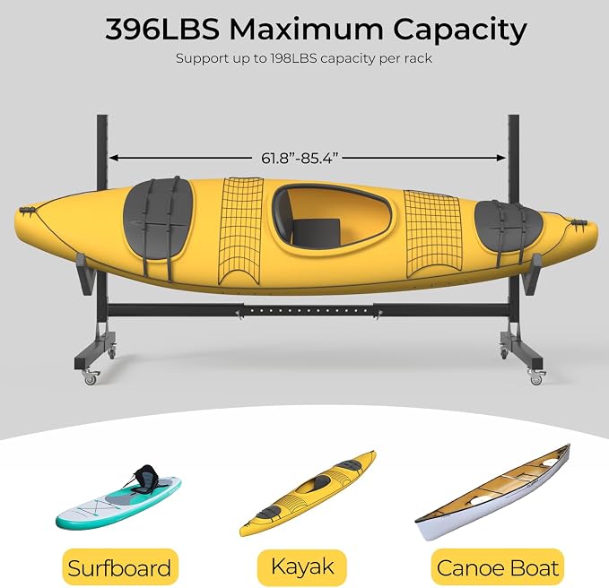 Freestanding Adjustable Kayak Storage Rack, 2 Sides Kayak Bracket, Durable Kayak Rack with Lockable Wheels for Indoor, Outdoor, Garage, Shed, Dock