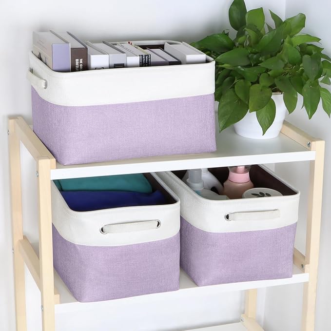 Fabric Bin Storage Baskets Cube, 15x11x9.5Inch, Purple, 3 Pack | Collapsible Cube, Durable Handles, Closet Organizer, For Organizing Shelves Drawers