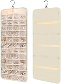 Hanging Jewelry Organizer Storage Roll with Hanger Metal Hooks Double-Sided Jewelry Holder for Earrings, Necklaces, Rings on Closet, Wall, Door, Large 14.17" x 33.07" (beige)