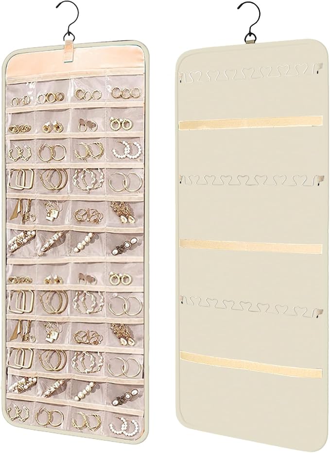 Hanging Jewelry Organizer Storage Roll with Hanger Metal Hooks Double-Sided Jewelry Holder for Earrings, Necklaces, Rings on Closet, Wall, Door, Large 14.17" x 33.07" (beige)