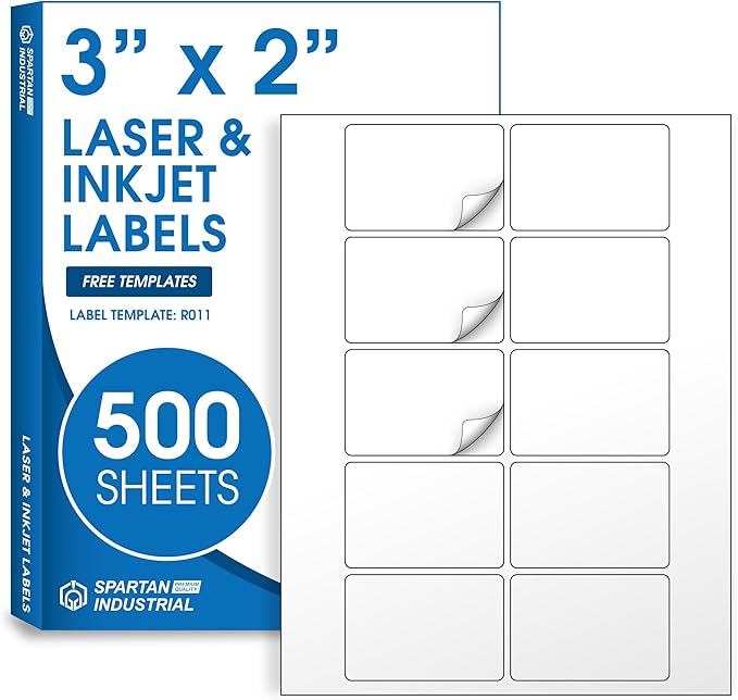 3" X 2" Matte White Printable Shipping Labels (500 Sheets, 5000 Stickers) Mailing and Address Labels, Product Packaging Stickers for Laser & Inkjet Printers - Spartan Industrial Template R011