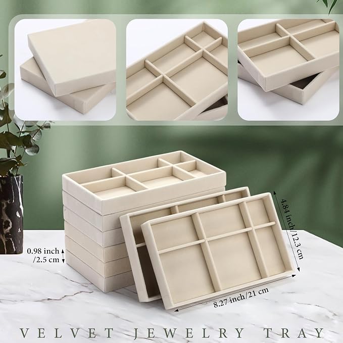 Highergo 8 Pcs Velvet Jewelry Trays Stackable Drawers Organizer Ring Earring Bracelet Necklace Storage Trays, 8.3x4.7x1''(6 Uneven Grids)